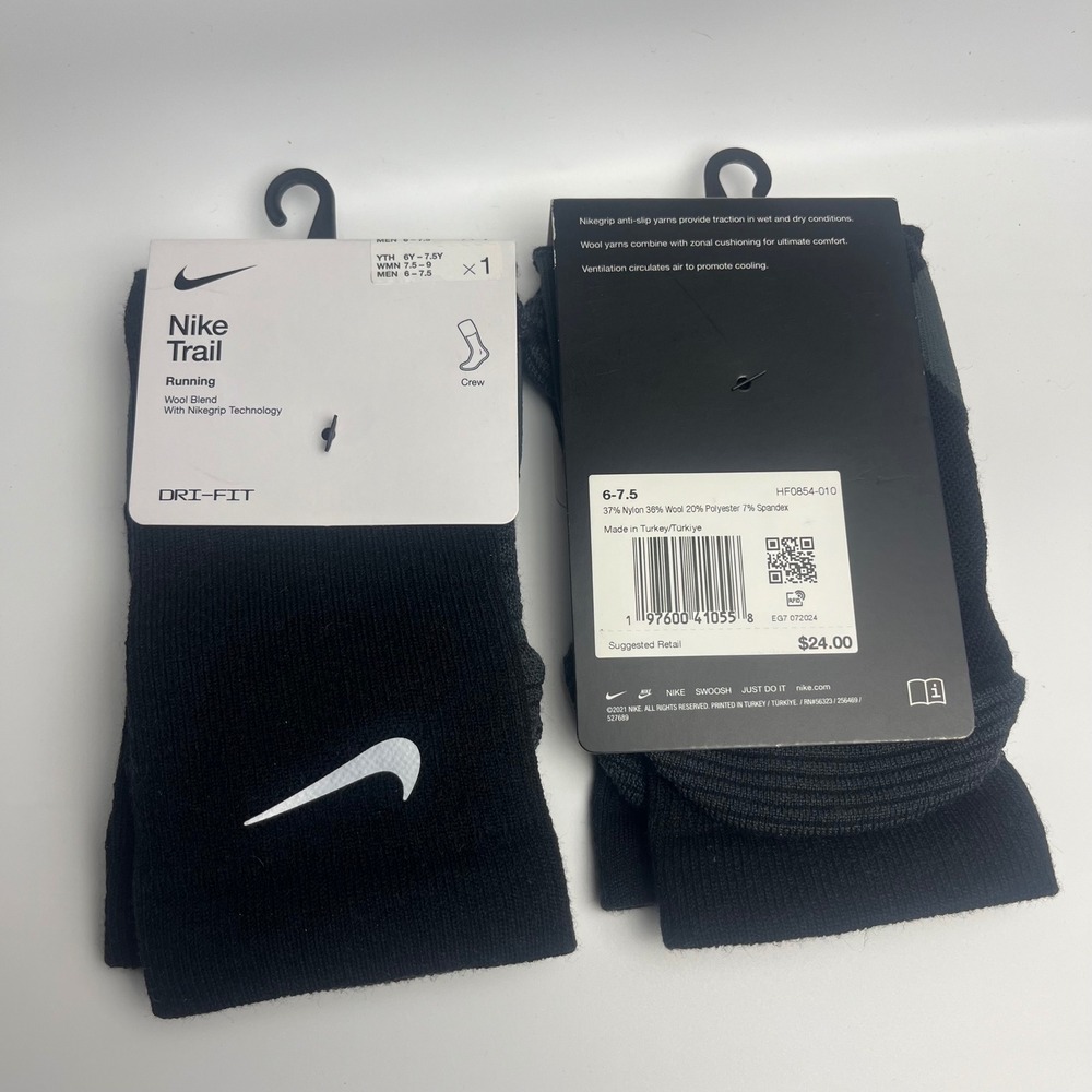2 pair Nike Trail Running Crew Socks Black Wool Blend Dri-FIT‎ Men's Size 6-7.5
